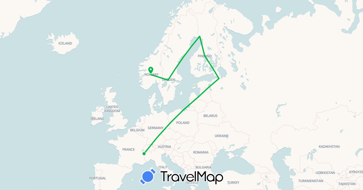 TravelMap itinerary: driving, bus in Finland, France, Latvia, Norway, Russia, Sweden (Europe)